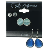 Blue & Silver-Tone Colored Metal Multiple-Earrings With Bead Accents #3600