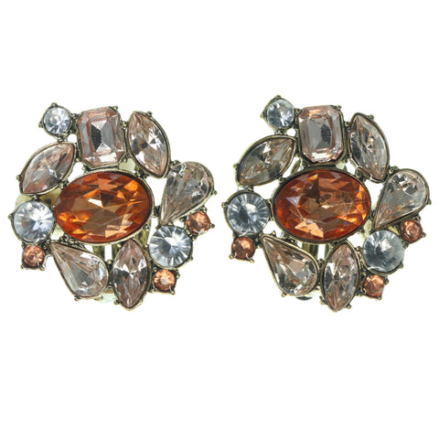 Gold-Tone & Peach Colored Metal Clip-On-Earring With Crystal Accents #3596