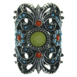 Flower Ring With Bead Accents Silver-Tone & Multi Colored #3645