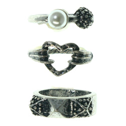 Heart Spike Multiple-Rings With Bead Accents Silver-Tone & White Colored #3558