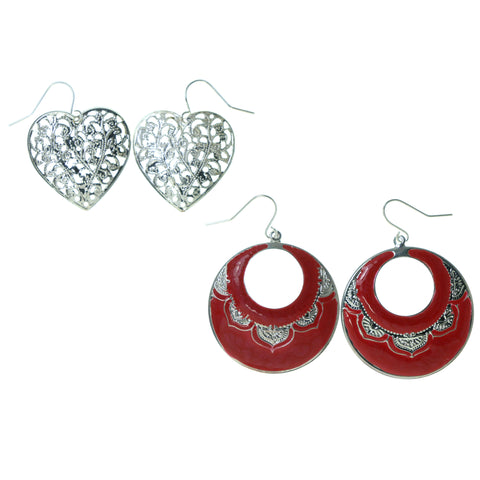Heart Multiple-Earrings Silver-Tone & Pink Colored #3541