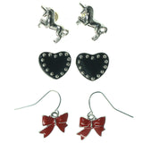 Bow Heart Unicorn Multiple-Earrings Red & Black Colored #3546