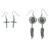 Heart Cross Feather Multiple-Earrings With Crystal Accents Silver-Tone & Green Colored #3531