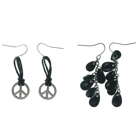 Peace Sign Multiple-Earrings With Bead Accents Black & Silver-Tone Colored #3539