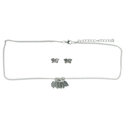 Adjustable Length Leaf Butterfly Necklace-Earrings Set Silver-Tone Color  #3563