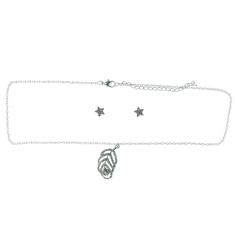 Adjustable Length Leaf Star Necklace-Earrings Set With Crystal Accents Silver-Tone Color #3542