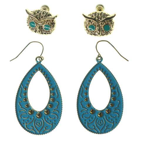 Owl Multiple-Earrings Gold-Tone & Blue Colored #3553