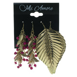 Leaf Multiple-Earrings With Bead Accents Gold-Tone & Pink Colored #3556