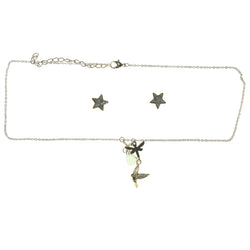 Adjustable Length Star Bird Necklace-Earrings Set With Bead Accents Gold-Tone & White Colored #3750