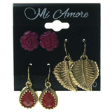 Leaf Rose Multiple-Earrings With Bead Accents Pink & Gold-Tone Colored #3560