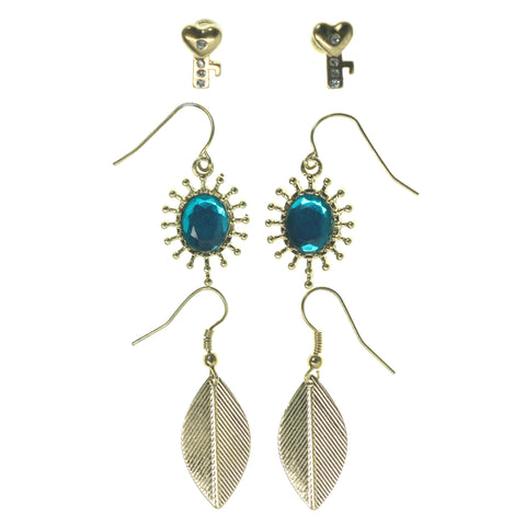 Key Leaf Multiple-Earrings With Crystal Accents Gold-Tone & Blue Colored #3760
