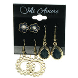 Flowers Multiple-Earrings With Crystal Accents Gold-Tone & Black Colored #3751