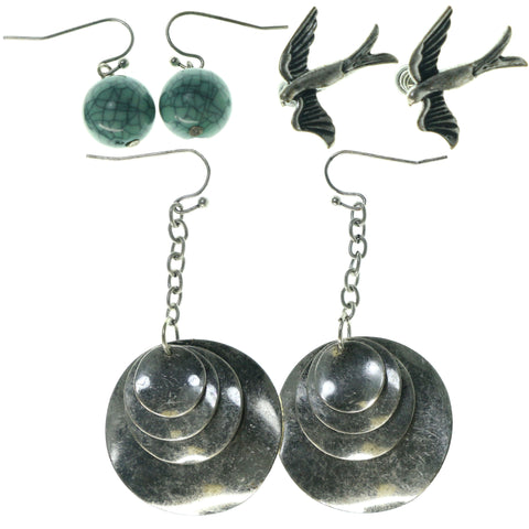 Swallows Multiple-Earrings With Bead Accents Silver-Tone & Blue Colored #3527