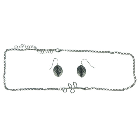 Adjustable Length Leaf Necklace-Earrings Set Silver-Tone Color  #3752