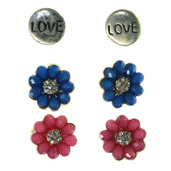 Flowers Multiple-Earrings With Crystal Accents Pink & Blue Colored #3756