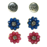 Flowers Multiple-Earrings With Crystal Accents Pink & Blue Colored #3756