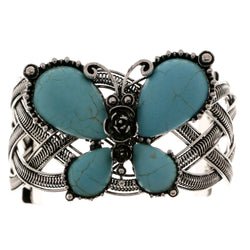 Butterfly Flowers Semi-Precious-Bracelet With Stone Accents Silver-Tone & Blue Colored #3509