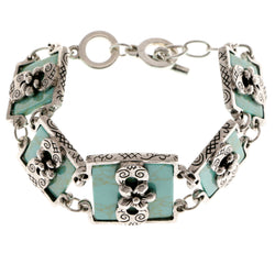 Flower Adjustable Length Semi-Precious-Bracelet With Stone Accents Silver-Tone & Blue Colored #3510