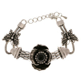 Flower Butterflies Adjustable Length Semi-Precious-Bracelet With Crystal Accents Silver-Tone & Black Colored #3516