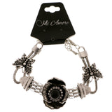 Flower Butterflies Adjustable Length Semi-Precious-Bracelet With Crystal Accents Silver-Tone & Black Colored #3516