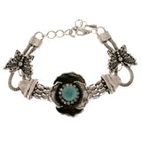 Flower Butterflies Adjustable Length Semi-Precious-Bracelet With Crystal Accents Silver-Tone & Gray Colored #3515