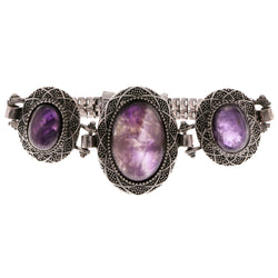 Silver-Tone & Purple Colored Metal Semi-Precious-Bracelet With Stone Accents #3512