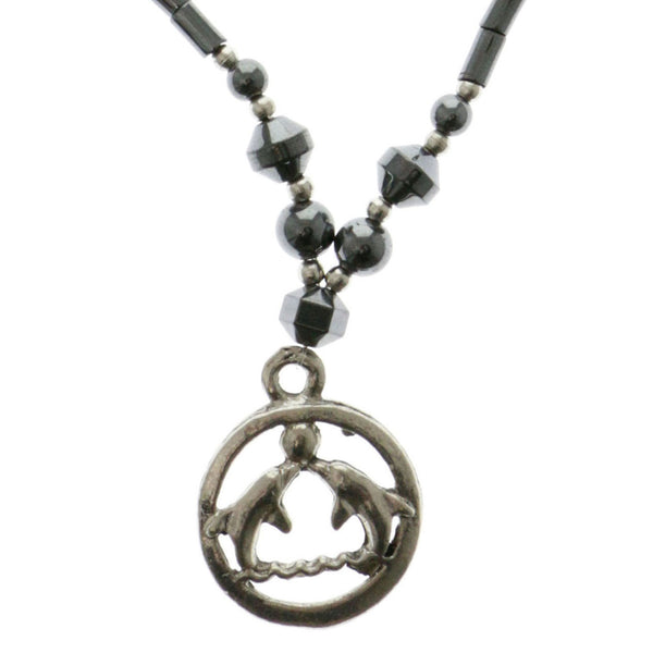 Dolphins Hematite-Pendant-Necklace With Bead Accents Silver-Tone & Gray Colored #4151