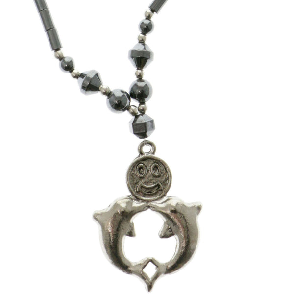 Dolphins Smiley Face Hematite-Pendant-Necklace With Bead Accents Silver-Tone & Gray Colored #4149