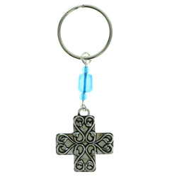 Cross Religious Split-Ring-Keychain With Bead Accents Silver-Tone & Blue Colored #048