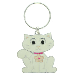 Cat Split-Ring-Keychain Silver-Tone & White Colored #093