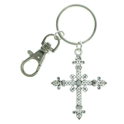 Cross Religious-Keychain With Crystal Accents Silver-Tone & Clear Colored #095