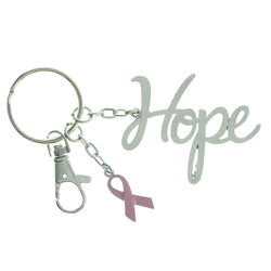 Breast Cancer Awareness Hope Ribbon Split-Ring-Keychain With Drop Accents Silver-Tone & Pink Colored #198