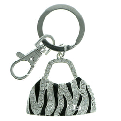 Hand Bag Zebra Stripe Split-Ring-Keychain With Crystal Accents Silver-Tone & Black Colored #221