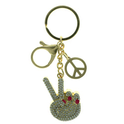 Peace Sign Emoji-Keychain With Crystal Accents Gold-Tone & Pink Colored #276