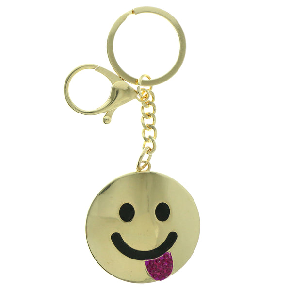 Tongue Out Emoji-Keychain With Crystal Accents Gold-Tone & Pink Colored #289