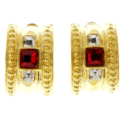 Gold-Tone & Red Colored Metal Clip-On-Earrings With Faceted Accents #LQC135