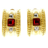 Gold-Tone & Red Colored Metal Clip-On-Earrings With Faceted Accents #LQC135