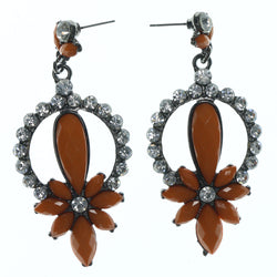 Flower Dangle-Earrings With Crystal Accents Silver-Tone & Orange Colored #LQE1026