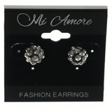 Silver-Tone & Black Colored Metal Stud-Earrings With Crystal Accents #LQE1074