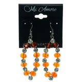 Orange & Silver-Tone Colored Metal Dangle-Earrings With Crystal Accents #LQE1144