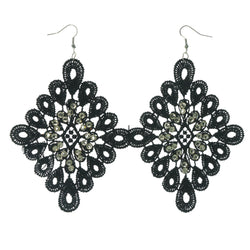 Black & Silver-Tone Colored Fabric Dangle-Earrings With Crystal Accents #LQE1146