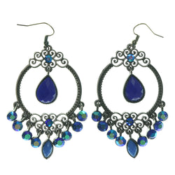 Blue & Silver-Tone Colored Metal Dangle-Earrings With Crystal Accents #LQE1158