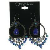 Blue & Silver-Tone Colored Metal Dangle-Earrings With Crystal Accents #LQE1158