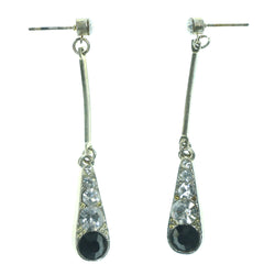 Silver-Tone & Black Colored Metal Drop-Dangle-Earrings With Crystal Accents #LQE1163