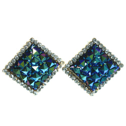 Blue & Silver-Tone Colored Metal Stud-Earrings With Crystal Accents #LQE1174