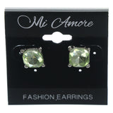 Green & Silver-Tone Colored Metal Stud-Earrings With Crystal Accents #LQE1176