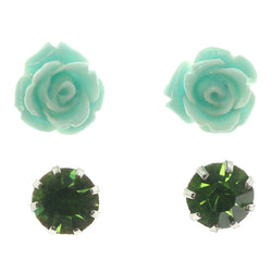 Rose Duo Stud-Earrings With Crystal Accents Green & Silver-Tone Colored #LQE1177