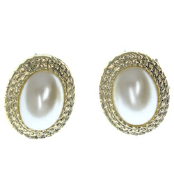 Gold-Tone & White Colored Metal Stud-Earrings With Bead Accents #LQE1179