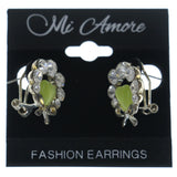 Bow Heart Stud-Earrings With Crystal Accents Silver-Tone & Green Colored #LQE1180