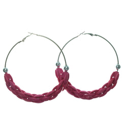 Silver-Tone & Pink Colored Metal Hoop-Earrings With Bead Accents #LQE1189